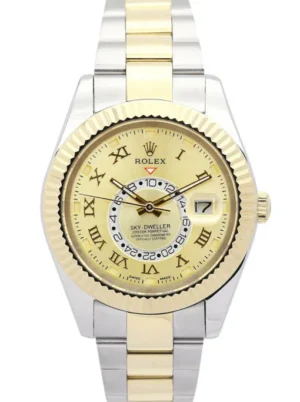 Rolex Sky-Dweller 42mm Gold Dial 326938-2 Super Clone with a yellow gold-tone case, fluted Ring Command bezel, Oyster bracelet, and automatic movement. Rolex Sky-Dweller 42mm Gold Dial 326938-2 Super Clone with a yellow gold-tone case, fluted Ring Command bezel, Oyster bracelet, and automatic movement.