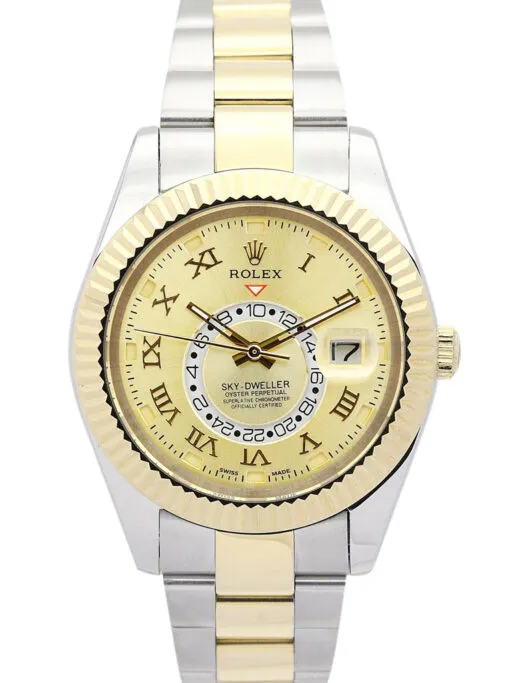 Rolex Sky-Dweller 42mm Gold Dial 326938-2 Super Clone with a yellow gold-tone case, fluted Ring Command bezel, Oyster bracelet, and automatic movement. Rolex Sky-Dweller 42mm Gold Dial 326938-2 Super Clone with a yellow gold-tone case, fluted Ring Command bezel, Oyster bracelet, and automatic movement.