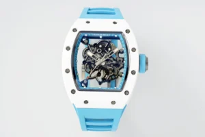Richard Mille RM055 APSF Blue Cer/RU Skeleton Dial watch with a blue ceramic-style tonneau case, skeleton dial, sapphire crystal, and premium rubber strap.