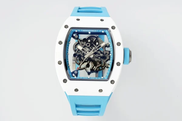 Richard Mille RM055 APSF Blue Cer/RU Skeleton Dial watch with a blue ceramic-style tonneau case, skeleton dial, sapphire crystal, and premium rubber strap.