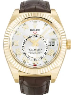 Rolex Sky-Dweller 42mm Silver Dial 326138 Super Clone with a yellow gold-tone case, fluted Ring Command bezel, and automatic movement. Rolex Sky-Dweller 42mm Silver Dial 326138 Super Clone with a yellow gold-tone case, fluted Ring Command bezel, and automatic movement.