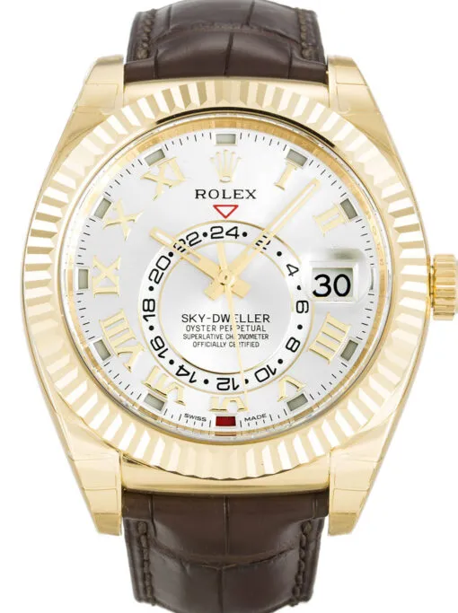 Rolex Sky-Dweller 42mm Silver Dial 326138 Super Clone with a yellow gold-tone case, fluted Ring Command bezel, and automatic movement. Rolex Sky-Dweller 42mm Silver Dial 326138 Super Clone with a yellow gold-tone case, fluted Ring Command bezel, and automatic movement.