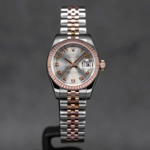 Rolex Datejust 26mm with a Two-Tone Rose Gold finish and Silver Concentric Dial.