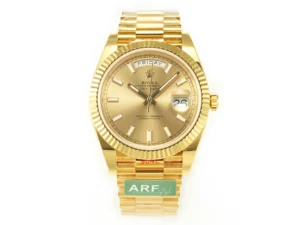 Rolex Day-Date 40mm 228238 ARF with a gold stick dial, President bracelet, and VR3255 automatic movement.