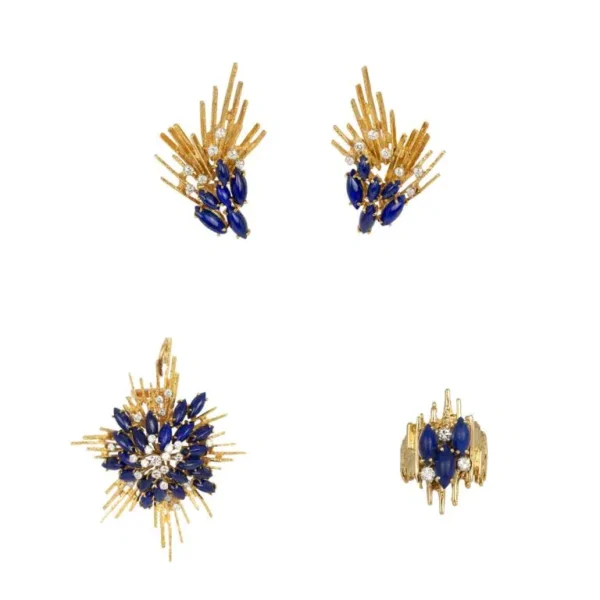 Diamond Sapphire Jewelry Set featuring a Ring, Earrings, and Brooch crafted in 18K Yellow Gold with Natural Blue Sapphires and Brilliant Natural Diamond Accents