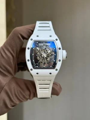 Richard Mille RM055 Bubba Watson Ceramic White with Black Dial, BBR Factory watch featuring a white ceramic-style tonneau case, black skeleton dial, sapphire crystal, and rubber strap.
