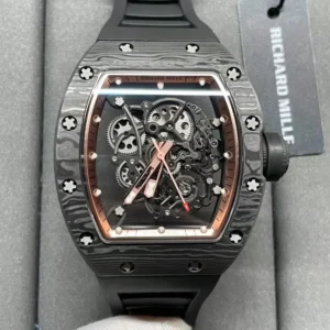 Richard Mille RM055 Carbon NTPT 1:1 Watch Black BBR 50mm with a Carbon NTPT-style tonneau case, skeletonized dial, sapphire crystal, and black rubber strap.