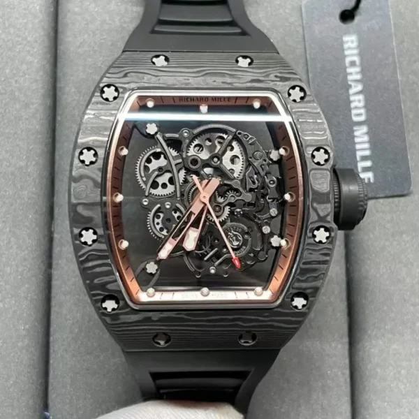 Richard Mille RM055 Carbon NTPT 1:1 Watch Black BBR 50mm with a Carbon NTPT-style tonneau case, skeletonized dial, sapphire crystal, and black rubber strap.