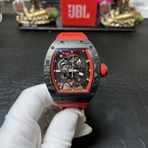 Richard Mille RM055 Carbon NTPT 1:1 Watch Red BBR 50mm with a Carbon NTPT-style tonneau case, red skeleton dial accents, sapphire crystal, and premium rubber strap.