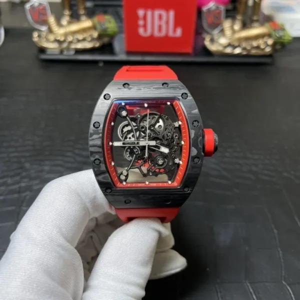 Richard Mille RM055 Carbon NTPT 1:1 Watch Red BBR 50mm with a Carbon NTPT-style tonneau case, red skeleton dial accents, sapphire crystal, and premium rubber strap.