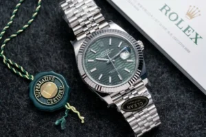 DateJust 41 126334 QF 1:1 Best Edition with 904L steel, Green Textured Stick Dial, Jubilee Bracelet, QF3235 movement, and 149g weight.