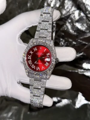 Rolex DateJust Supreme Custom 41mm with a Red Dial and full Moissanite diamond setting.