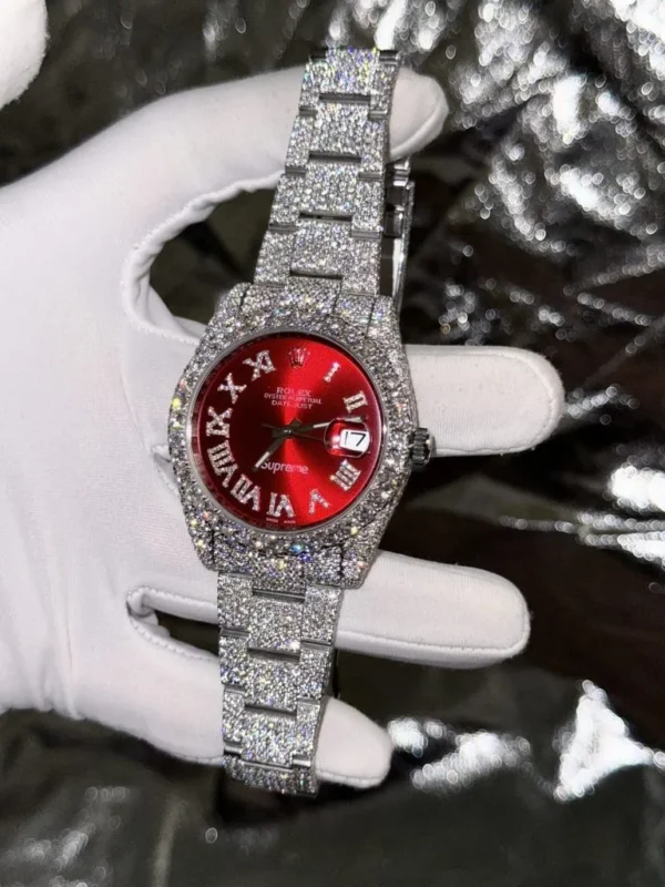 Rolex DateJust Supreme Custom 41mm with a Red Dial and full Moissanite diamond setting.