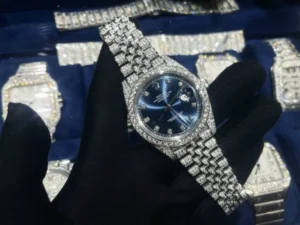 Rolex DateJust 41mm with a Blue Dial and Custom Full Diamonds Moissanite setting.