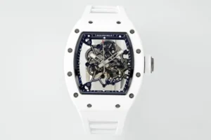 RM055 APSF White Cer/RU watch with a white ceramic-style tonneau case, skeleton dial, scratch-resistant sapphire crystal, and white rubber strap.