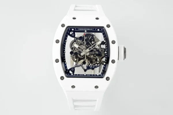 RM055 APSF White Cer/RU watch with a white ceramic-style tonneau case, skeleton dial, scratch-resistant sapphire crystal, and white rubber strap.