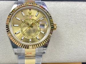 ROLEX Sky Dweller Ref. 326933 – 2019 Rolex Sky-Dweller Ref. 326933 2019 Super Clone with a 42mm stainless steel and yellow gold case, Oyster bracelet, fluted bezel, and automatic movement.