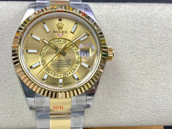 Rolex Sky-Dweller Ref. 326933 2019 Super Clone with a 42mm stainless steel and yellow gold case, Oyster bracelet, fluted bezel, and automatic movement.