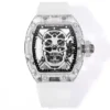 Richard Mille RM 052 replica watch with a skull skeleton dial, tonneau-shaped case, mechanical movement, sapphire crystal, and black rubber strap.