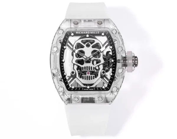 Richard Mille RM 052 replica watch with a skull skeleton dial, tonneau-shaped case, mechanical movement, sapphire crystal, and black rubber strap.