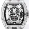Richard Mille RM 052 replica watch with a skull skeleton dial, tonneau-shaped case, mechanical movement, sapphire crystal, and black rubber strap.