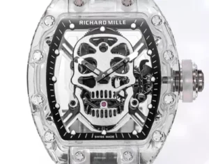 Richard Mille RM 052 replica watch with a skull skeleton dial, tonneau-shaped case, mechanical movement, sapphire crystal, and black rubber strap.