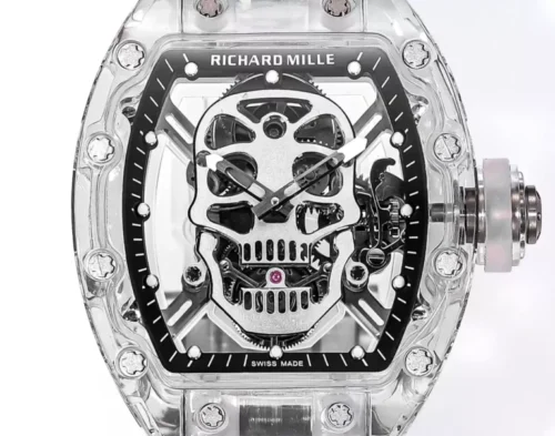 Richard Mille RM 052 replica watch with a skull skeleton dial, tonneau-shaped case, mechanical movement, sapphire crystal, and black rubber strap.