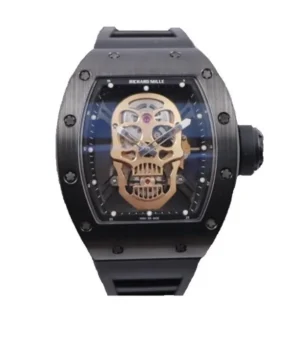 Richard Mille RM 052 replica watch with a skull skeleton dial, tonneau-shaped case, mechanical movement, and black rubber strap.
