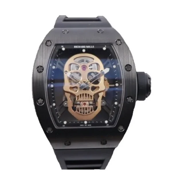 Richard Mille RM 052 Replica Watch Richard Mille RM 052 replica watch with a skull skeleton dial, tonneau-shaped case, mechanical movement, and black rubber strap.