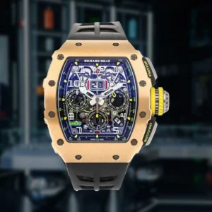 Richard Mille RM 11-03 replica watch with a skeletonized chronograph-style dial, oversized date display, tonneau-shaped case, and black rubber strap.