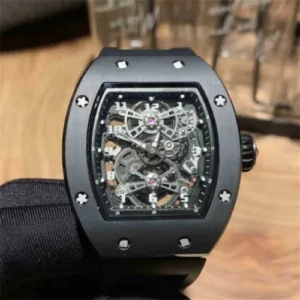 Richard Mille RM 17-01 replica watch with a skeletonized dial, tonneau-shaped case, manual-winding mechanical movement, and black rubber strap.
