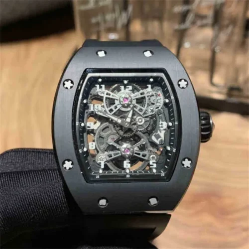 Richard Mille RM 17-01 replica watch with a skeletonized dial, tonneau-shaped case, manual-winding mechanical movement, and black rubber strap.