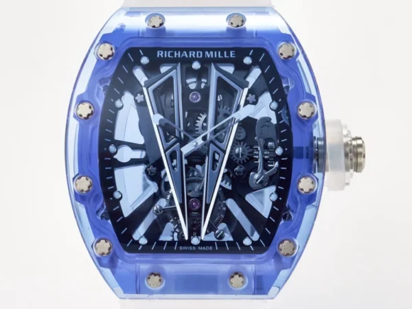 Richard Mille RM 27-02 watch with a skeletonized dial, lightweight tonneau-shaped case, manual-winding movement, and black rubber strap.