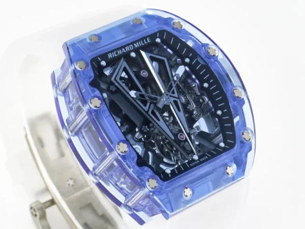 Richard Mille RM 27-02 watch with a skeletonized dial, lightweight tonneau-shaped case, manual-winding movement, and black rubber strap.