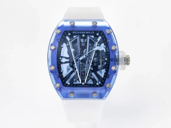 Richard Mille RM 27-02 watch with a skeletonized dial, lightweight tonneau-shaped case, manual-winding movement, and black rubber strap.
