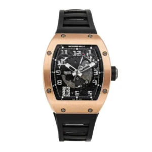 Richard Mille RM005 AF PG Rubber Men 37.6mm watch with a tonneau-shaped rose gold-style case, automatic movement, sapphire crystal, and black rubber strap.