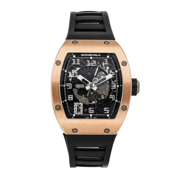 Richard Mille RM005 AF PG Rubber Men 37.6mm watch with a tonneau-shaped rose gold-style case, automatic movement, sapphire crystal, and black rubber strap.
