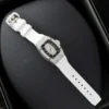 Richard Mille RM007 White Custom Full Moissanite Diamonds watch with a white tonneau-shaped case, skeleton-inspired dial, automatic movement, and white rubber strap.