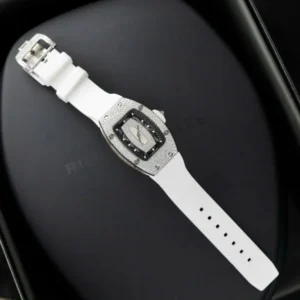Richard Mille RM007 White Custom Full Moissanite Diamonds watch with a white tonneau-shaped case, skeleton-inspired dial, automatic movement, and white rubber strap.