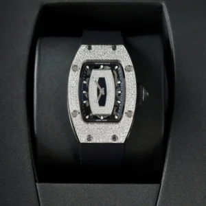 Richard Mille RM007 with custom moissanite diamonds 36mm luxury replica watch featuring a skeleton dial and rubber strap.