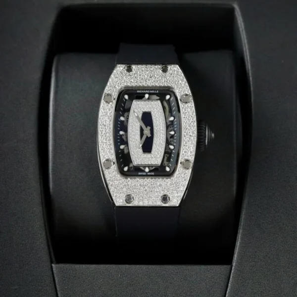 Richard Mille RM007 with custom moissanite diamonds 36mm luxury replica watch featuring a skeleton dial and rubber strap.