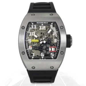 Richard Mille RM029 Oversize Date RM029 AK TI luxury replica watch with a titanium-style tonneau case, skeleton dial, oversized date display, and black rubber strap.