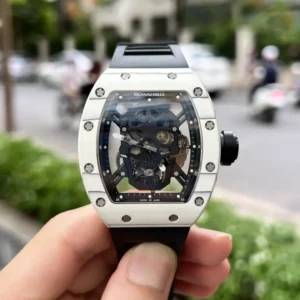 Richard Mille RM052 Tourbillon Skull Carbon 43mm luxury replica watch with a skull skeleton dial, carbon-style tonneau case, and black rubber strap.