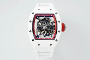 Richard Mille RM055 APSF Red Cer/RU watch with a red ceramic-style tonneau case, skeleton dial, sapphire crystal, and white rubber strap.