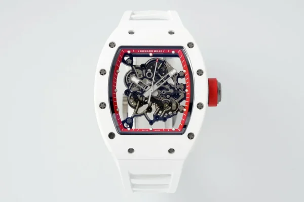 Richard Mille RM055 APSF Red Cer/RU watch with a red ceramic-style tonneau case, skeleton dial, sapphire crystal, and white rubber strap.