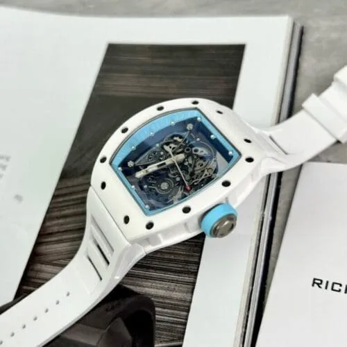 Richard Mille RM055 Bubba Watson White from BBR Factory with a white ceramic-style tonneau case, skeletonized dial, sapphire crystal, and white rubber strap.