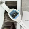 Richard Mille RM055 Bubba Watson White from BBR Factory with a white ceramic-style tonneau case, skeletonized dial, sapphire crystal, and white rubber strap.