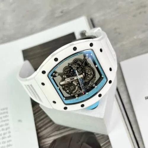 Richard Mille RM055 Bubba Watson White from BBR Factory with a white ceramic-style tonneau case, skeletonized dial, sapphire crystal, and white rubber strap.