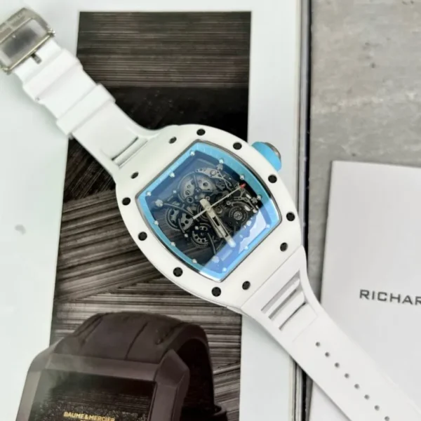 Richard Mille RM055 Bubba Watson White from BBR Factory with a white ceramic-style tonneau case, skeletonized dial, sapphire crystal, and white rubber strap.