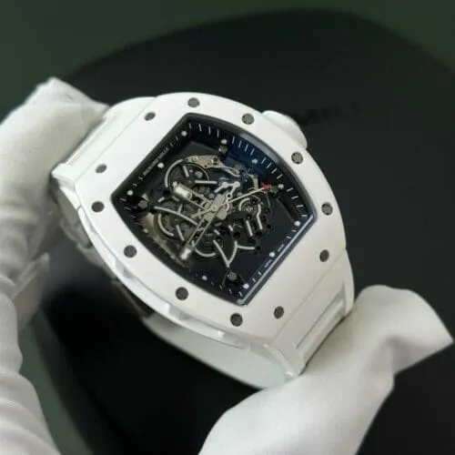 Richard Mille RM055 White Ceramic Rubber Strap ZF Factory 50mm watch with a white ceramic-style tonneau case, skeletonized dial, sapphire crystal, and white rubber strap.